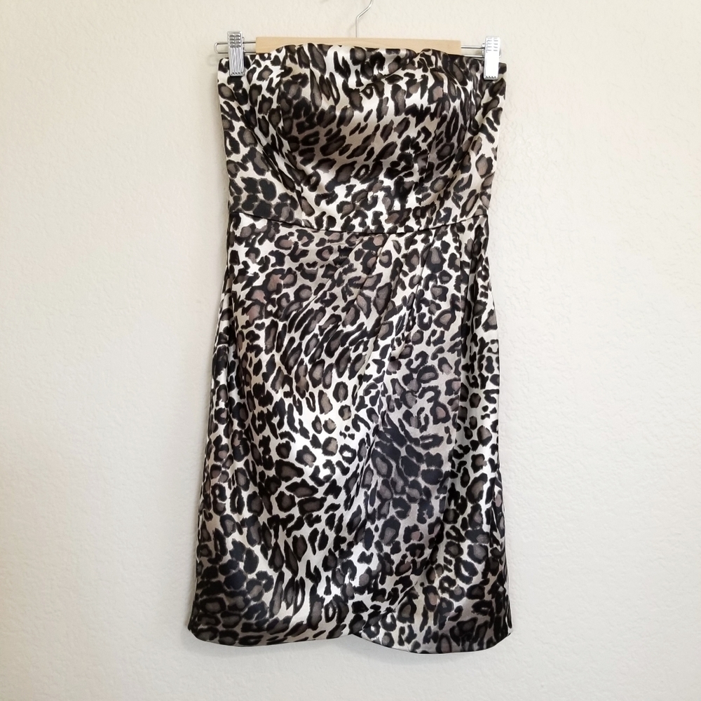 Strapless Leopard Print Satin Dress - Black & Cream